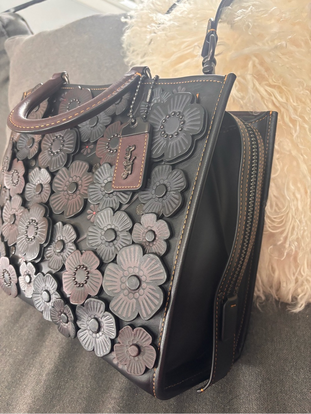 Coach Black Leather Floral Appliqué Satchel with Top Handles